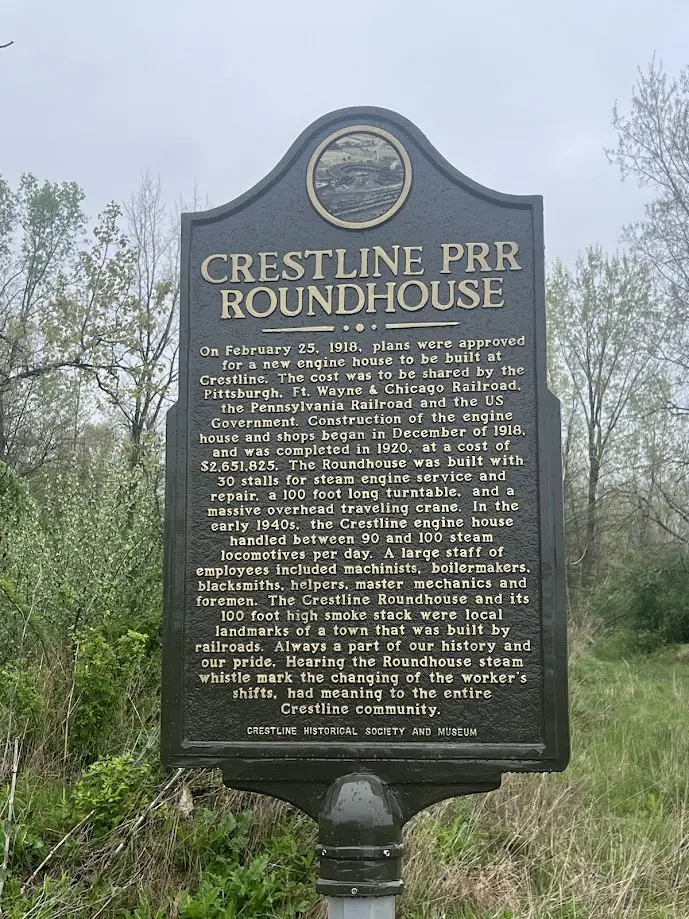 Crestline PRR Roundhouse historical marker detailing the history of the Pennsylvania Railroad roundhouse.
