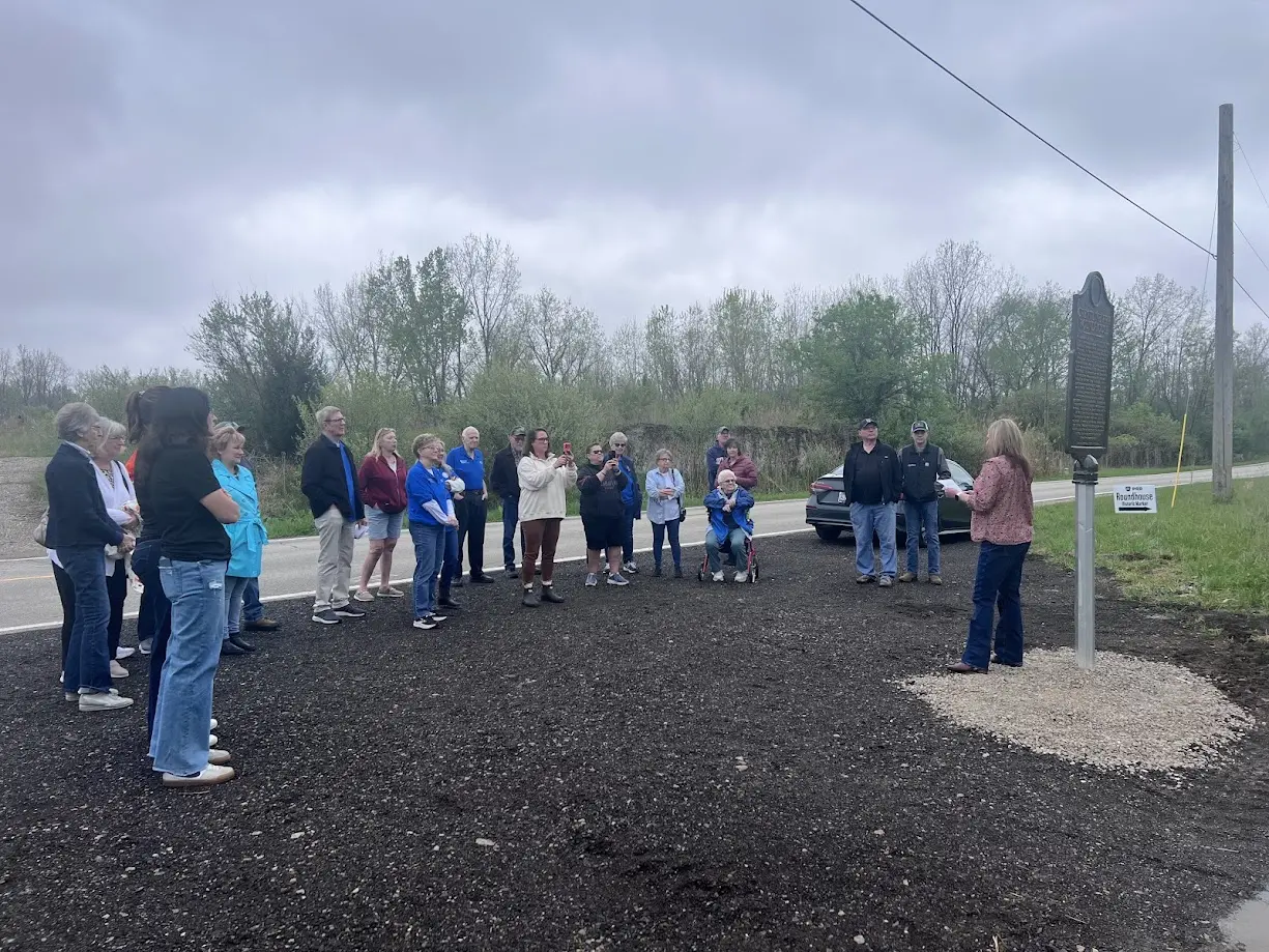 Speaker addresses attendees during the dedication of the Crestline PRR Roundhouse historical marker.