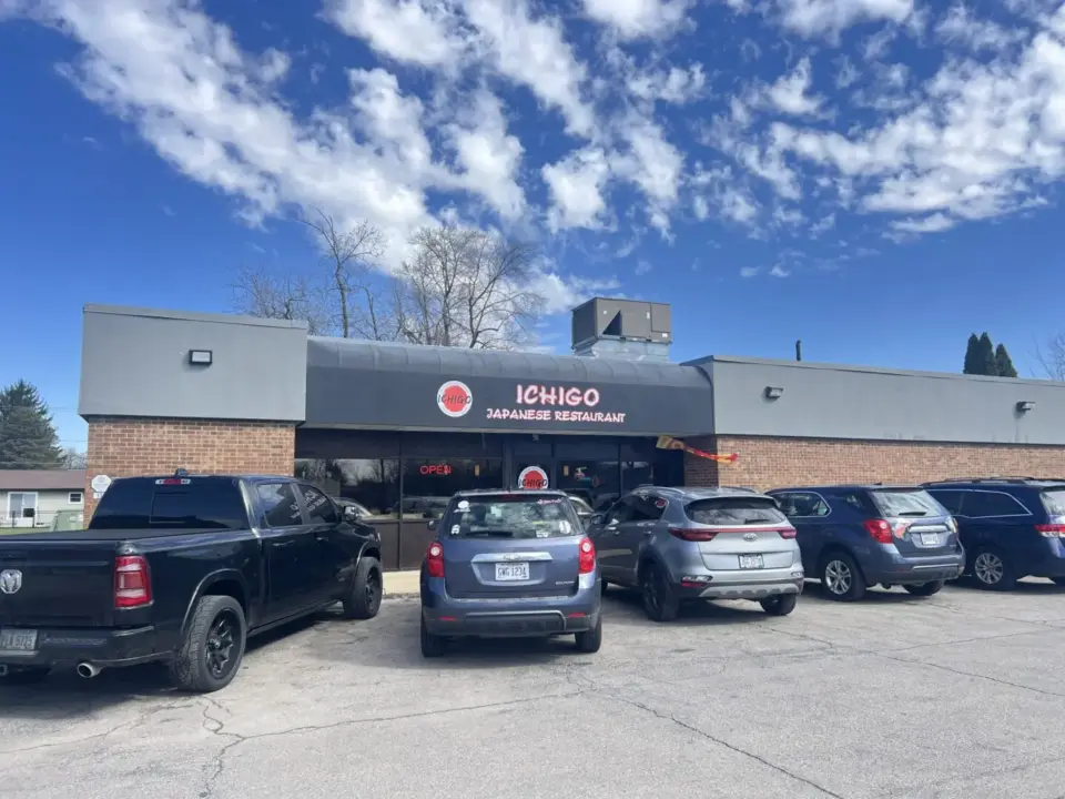 Exterior sign and parking lot of Ichigo Japanese Restaurant on Seltzer Street, Crestline, Ohio.